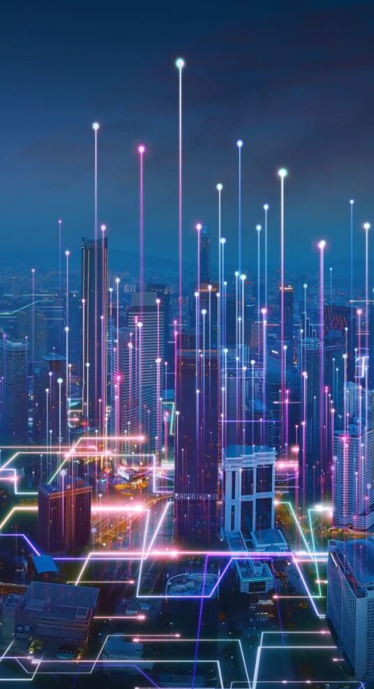 istockphoto-1406674466-2048×2048 Smart city and abstract line and dot connect with gradient line design , big data connection technology concept. 3d render